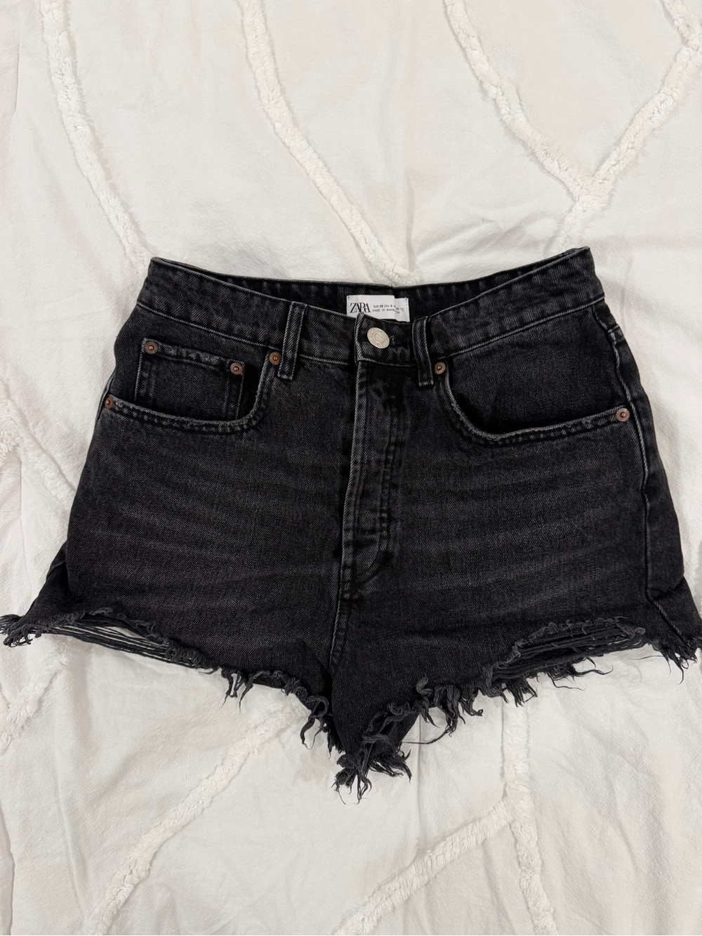 Zara Black Distressed High-Waist Denim Shorts